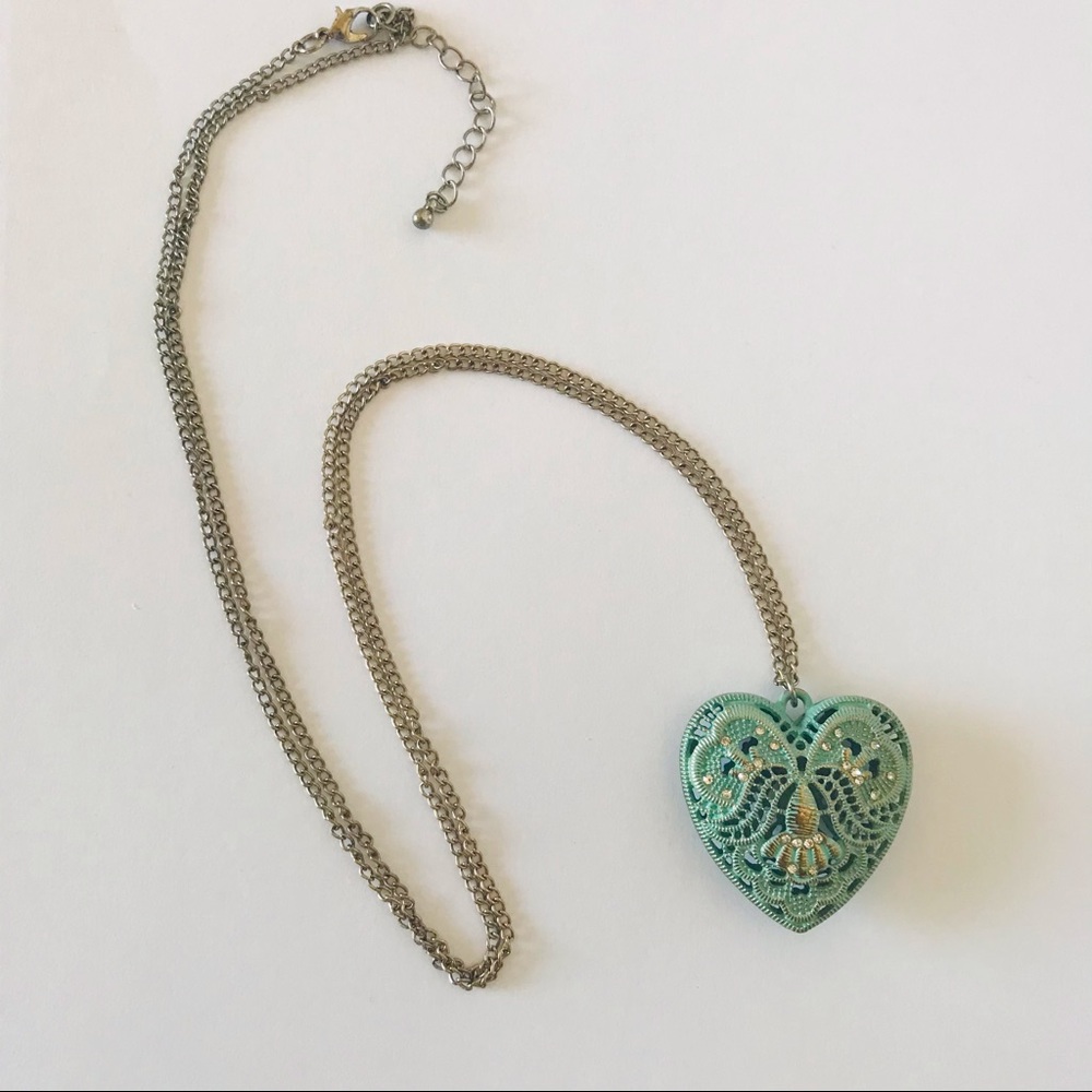 NWOT Anthropologie Silver and Turquoise Heart Pendant Long Chain Necklace